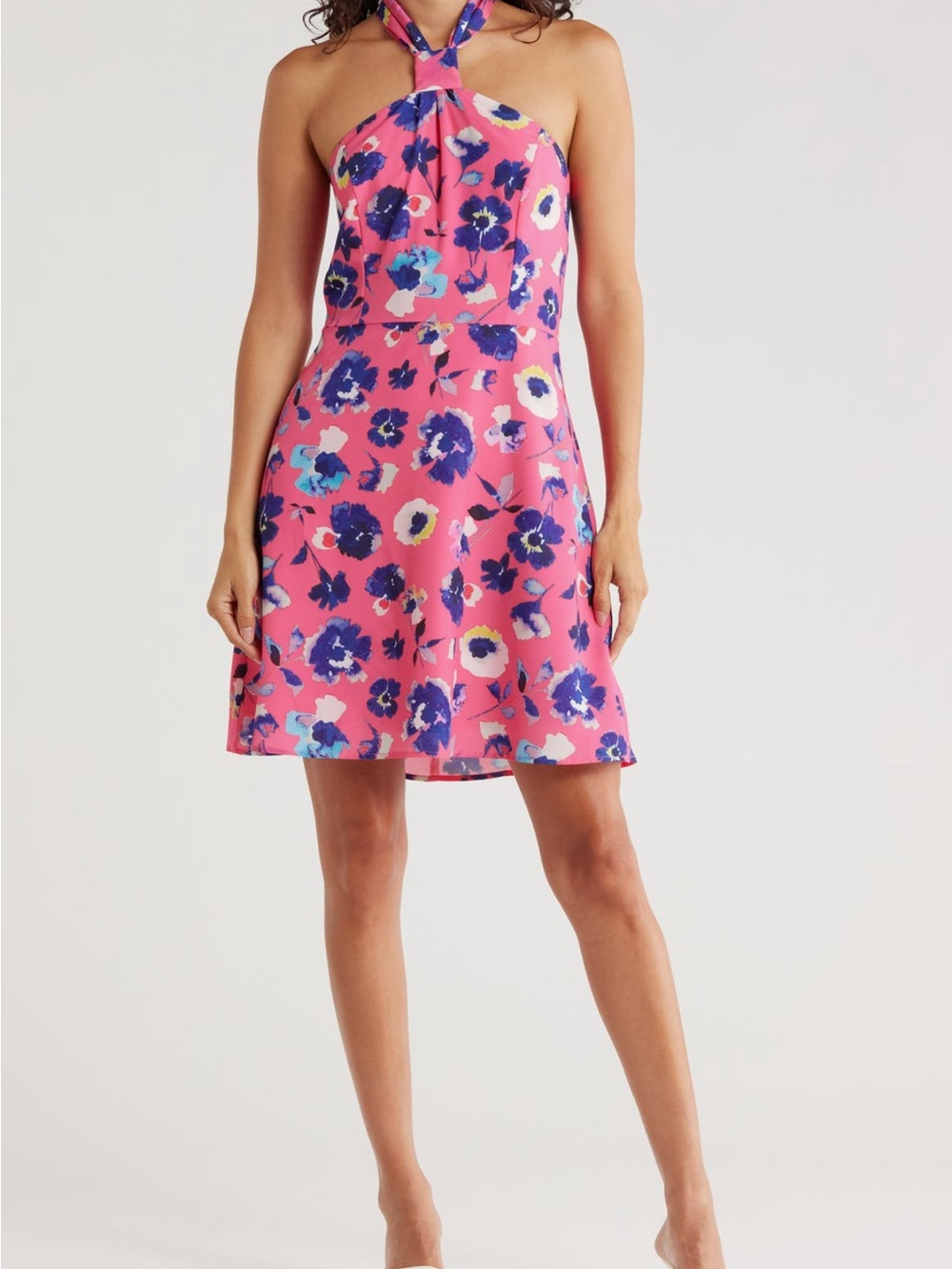 Lena Pink Floral Halter Mini Dress with Blue Accents